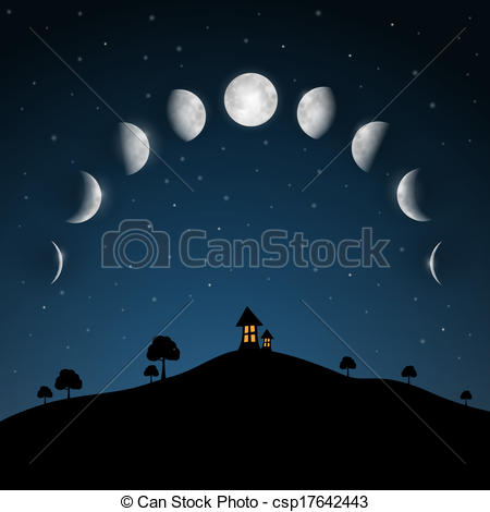 EPS Vector of Moon Phases. Night Landscape with Trees and House.