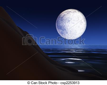 Drawings of Full Moon over a Sea Cliff.