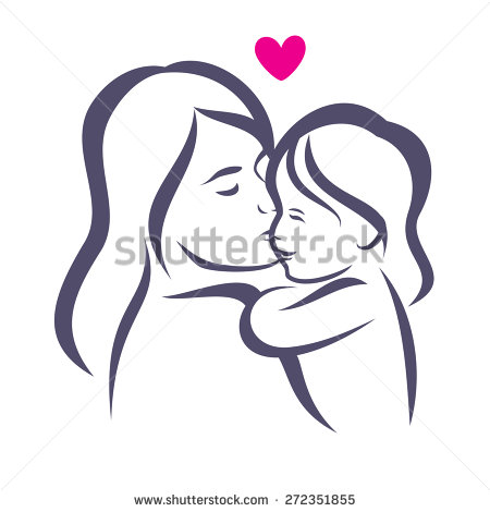 mother and daughter stylized vector silhouette, outlined sketch of.