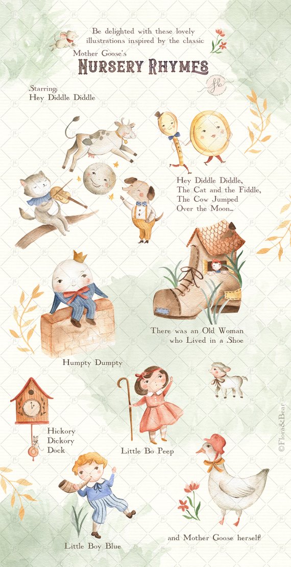 Watercolor Clipart Mother Goose Nursery Rhymes Digital.