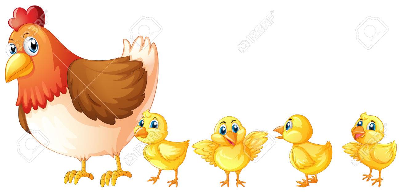 Mother hen and four chicks illustration.