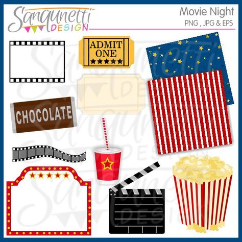 Movie Night clipart includes blank ticket, chocolate bar.