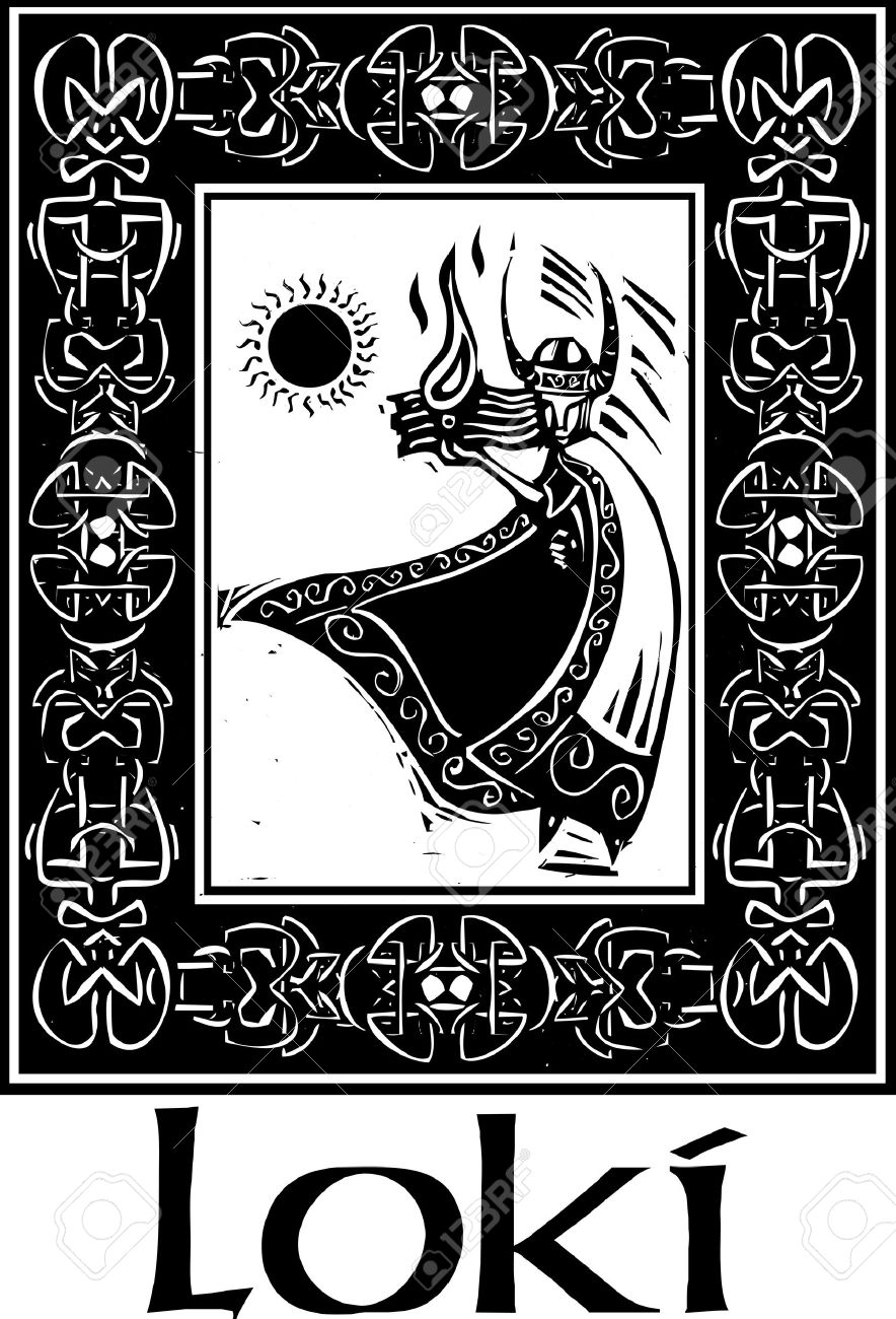 Woodcut Style Image Of The Viking God Loki In A Celtic Border.