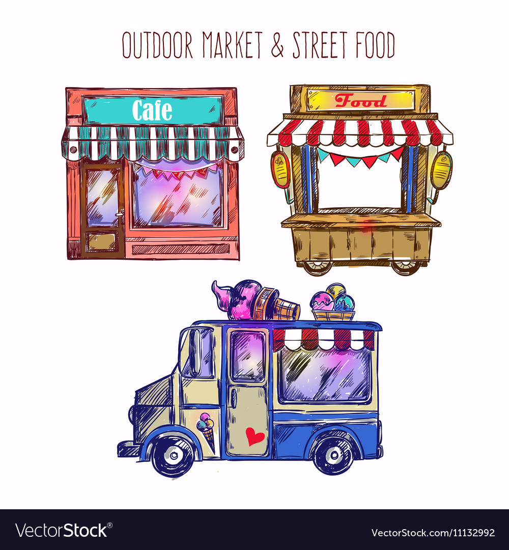 Outdoor Market Sketch Icon Set.