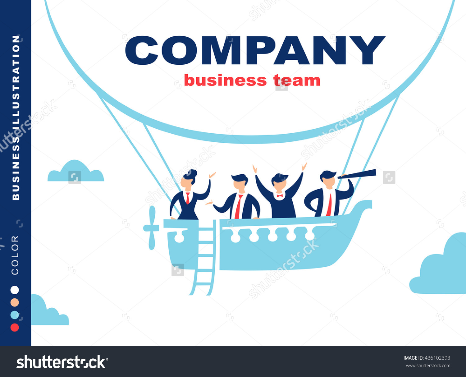 Team Of People Sailing On Ship In The Sky. Company Moving Forward.