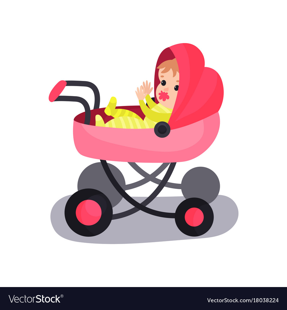 Lovely baby in a pink modern pram transporting of.