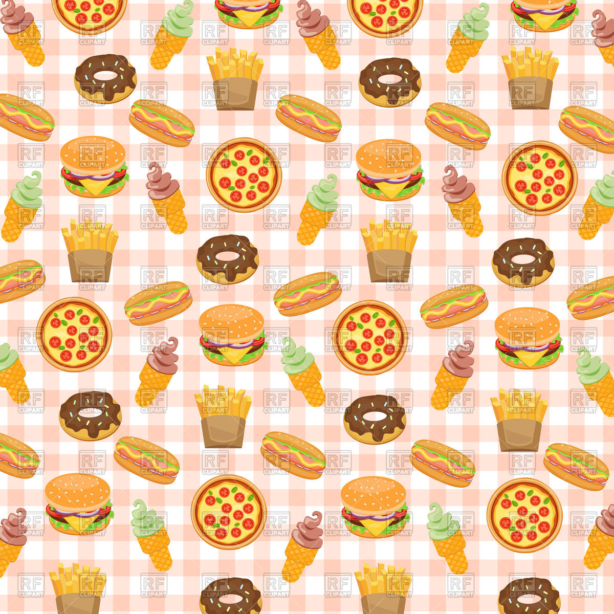 Fast food background with doughnut, hotdog, ice cream, burger.