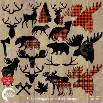 Lumberjack clipart, Buffalo plaid clipart, 54 Animal Silhouettes, Deer,  AMB.