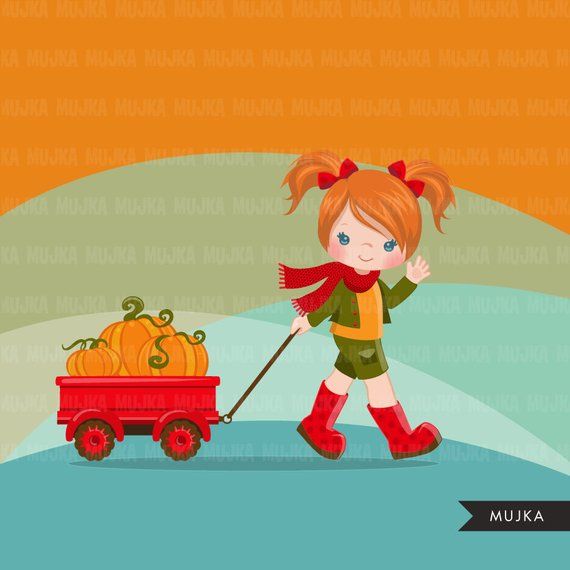 Little girl FALL clipart, cute characters pulling a cart or.