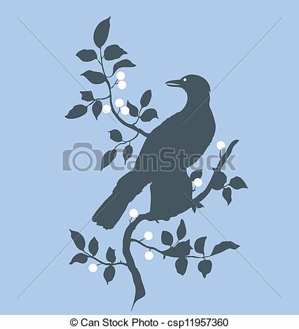 Clip Art Vector of Raven on branch.