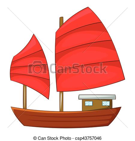 EPS Vector of Junk boat with red sails icon, cartoon style.