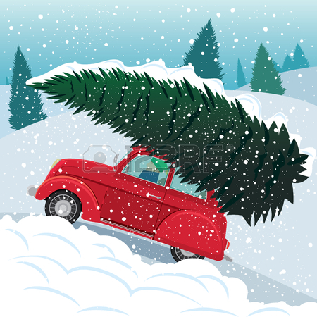 Retro Car Carries Christmas Tree In The Snowy Weather Royalty Free.