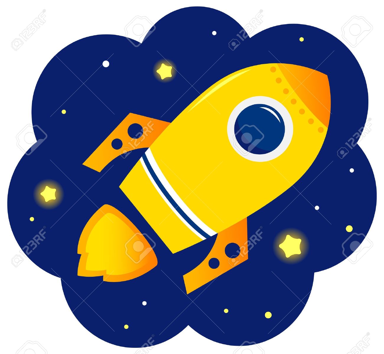 Yellow Vector Rocket In Space. Cartoon Illustration Royalty Free.