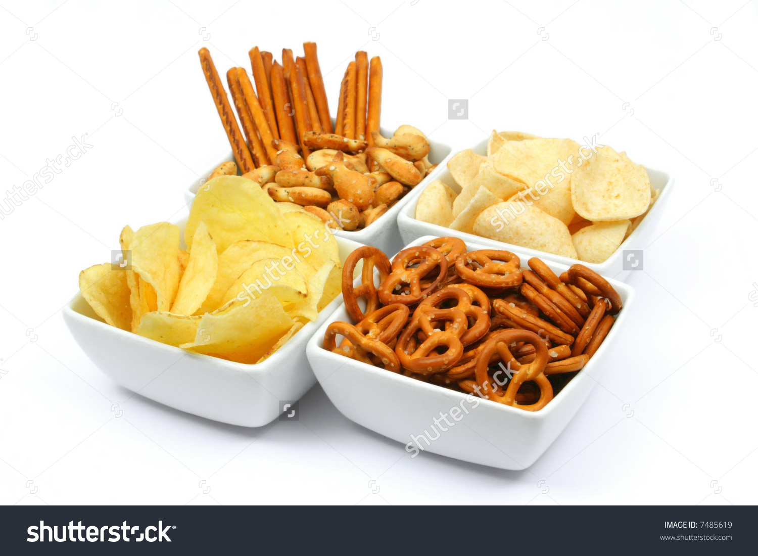 Salty Snacks Square Bowls Isolated On Stock Photo 7485619.