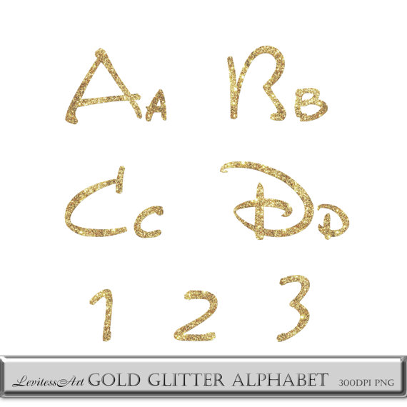 Gold glitter alphabet clipart Walt Disney script letters Digital.