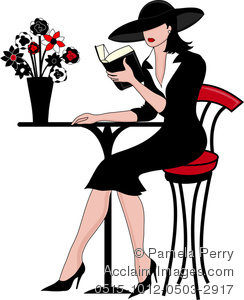 Clip Art Image of a Woman Sitting at a Bistro Table Reading.