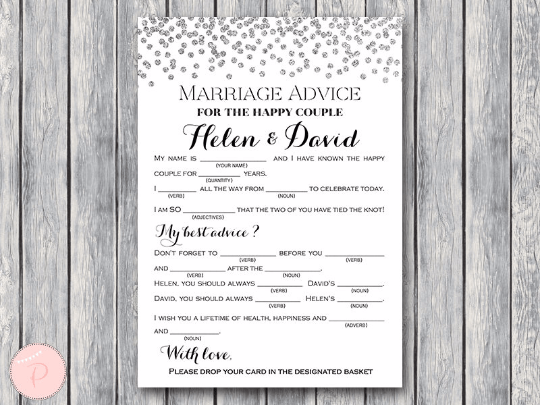 CUSTOM Silver Glitter Confetti Marriage advice cards, Mad Libs TH63.