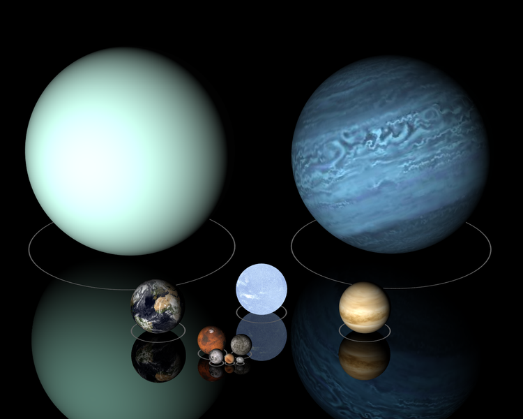 Solar system objects to scale: Uranus (left), Neptune (right.