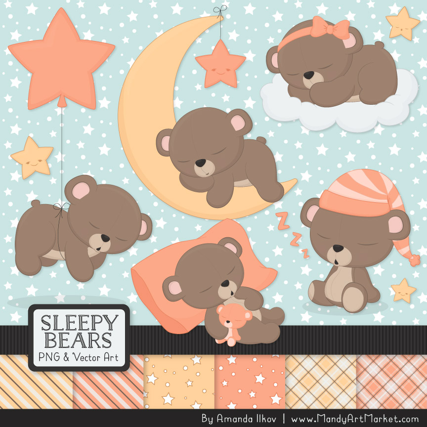 Peach Sleepy Bears Clipart & Paper Vectors.