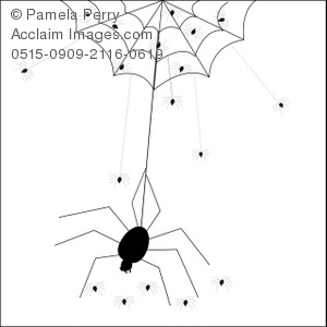 Clip Art Illustration of a Mother Spider and Her Babies.