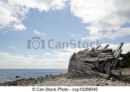 Stock Foto von hölzern, altes, schiffbruch, steinig, kueste.