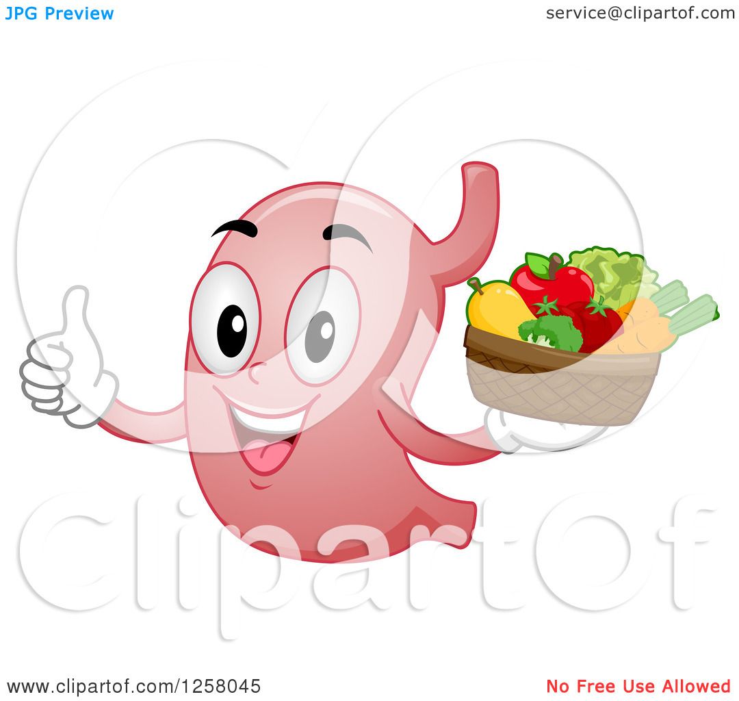 Clipart of a Happy Stomach Character Holding Fruit and a Thumb up.