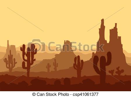 Vectors Illustration of Sunset in stone desert with cactuses and.