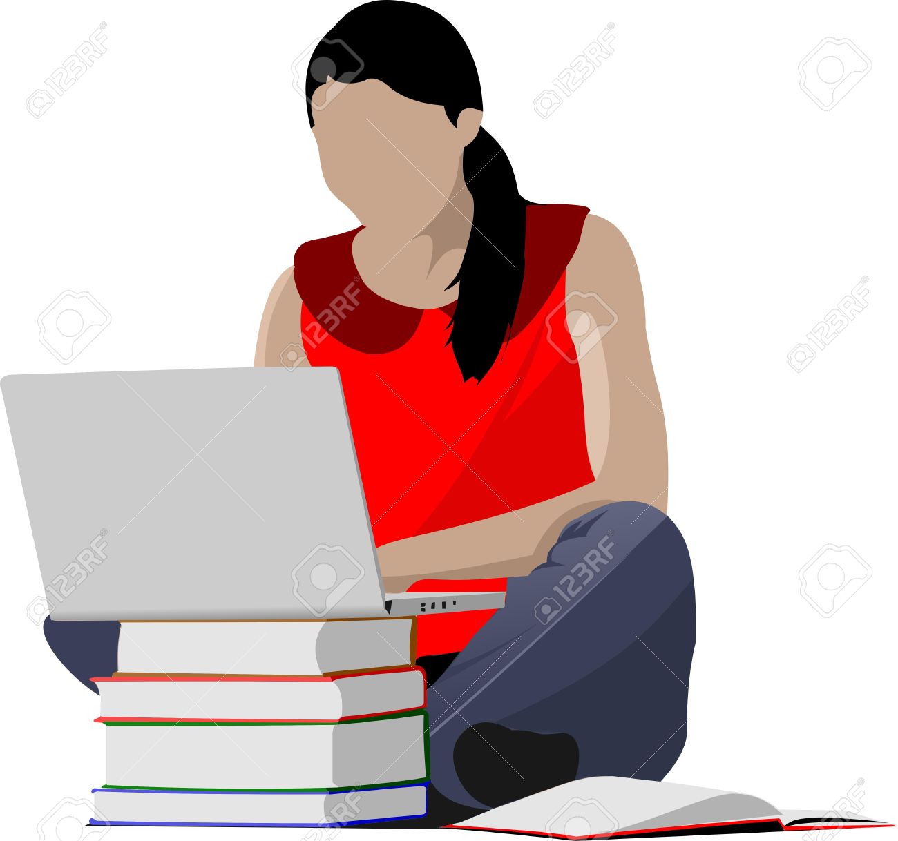 Sitting Girl With Laptop And Book`s Column. Back To School. Vector.