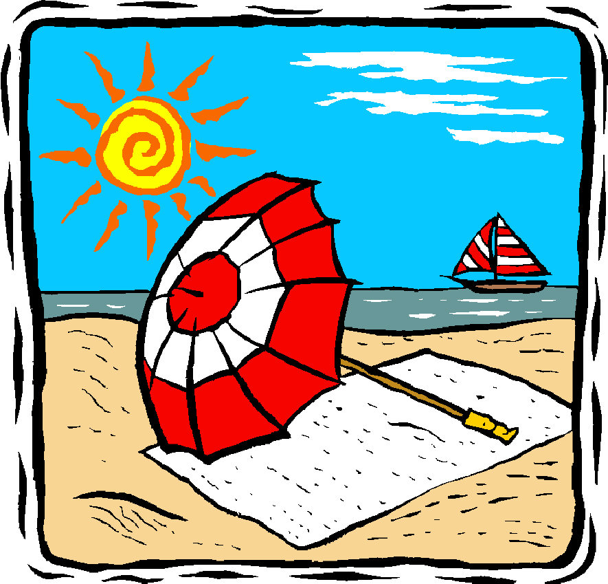 Sunny beach day with people sun safety clipart.