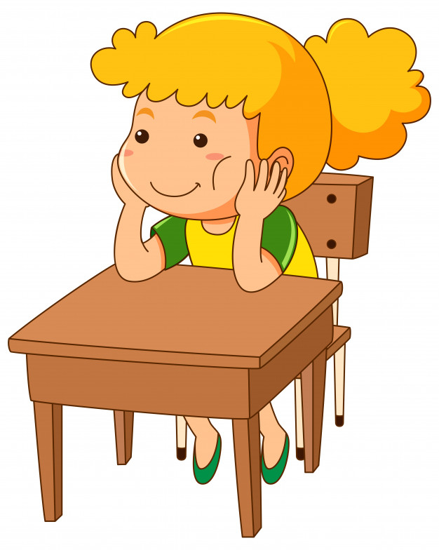 Girl sitting on wooden desk.