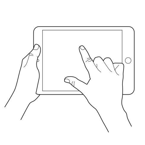 Sketch of hand holding a tablet and finger touching blank.