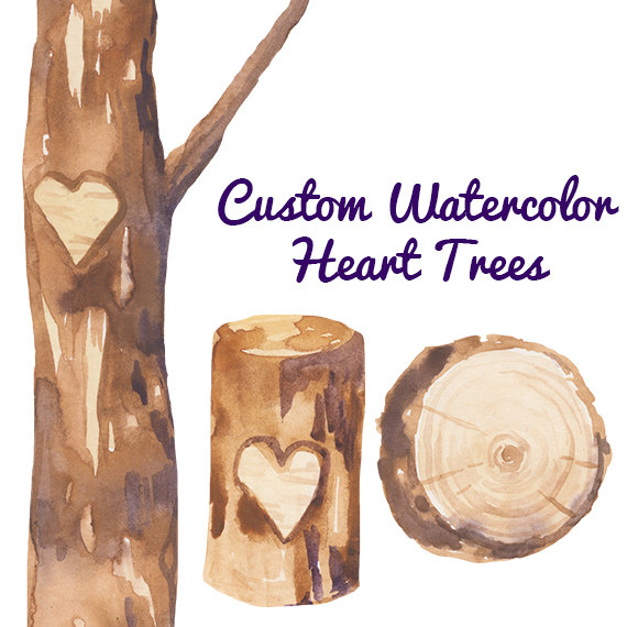 Custom Watercolor Heart Trees Carving Clipart Wedding invites.