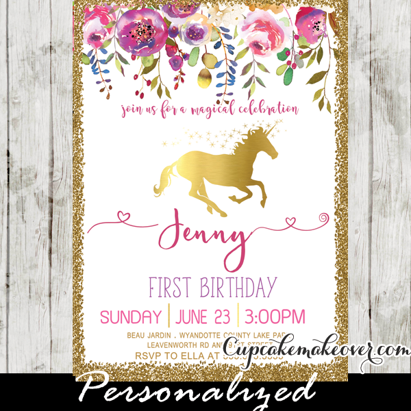 Unicorn Party Invitations, Printable Pink Gold Floral First Birthday.