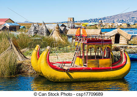 Pictures of Uros floating Islands peruvian Andes Puno Peru.