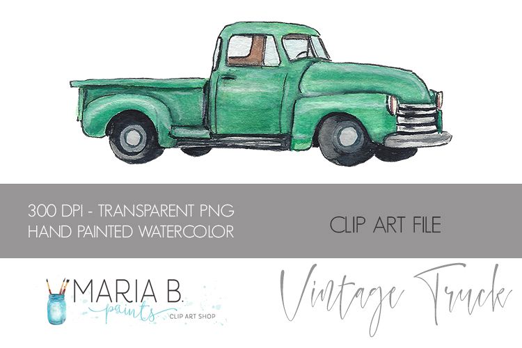 Classic Green Truck Watercolor Clipart PNG.