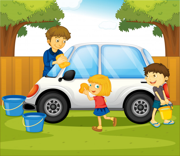 Dad and kids washing car in the park Free Vector.