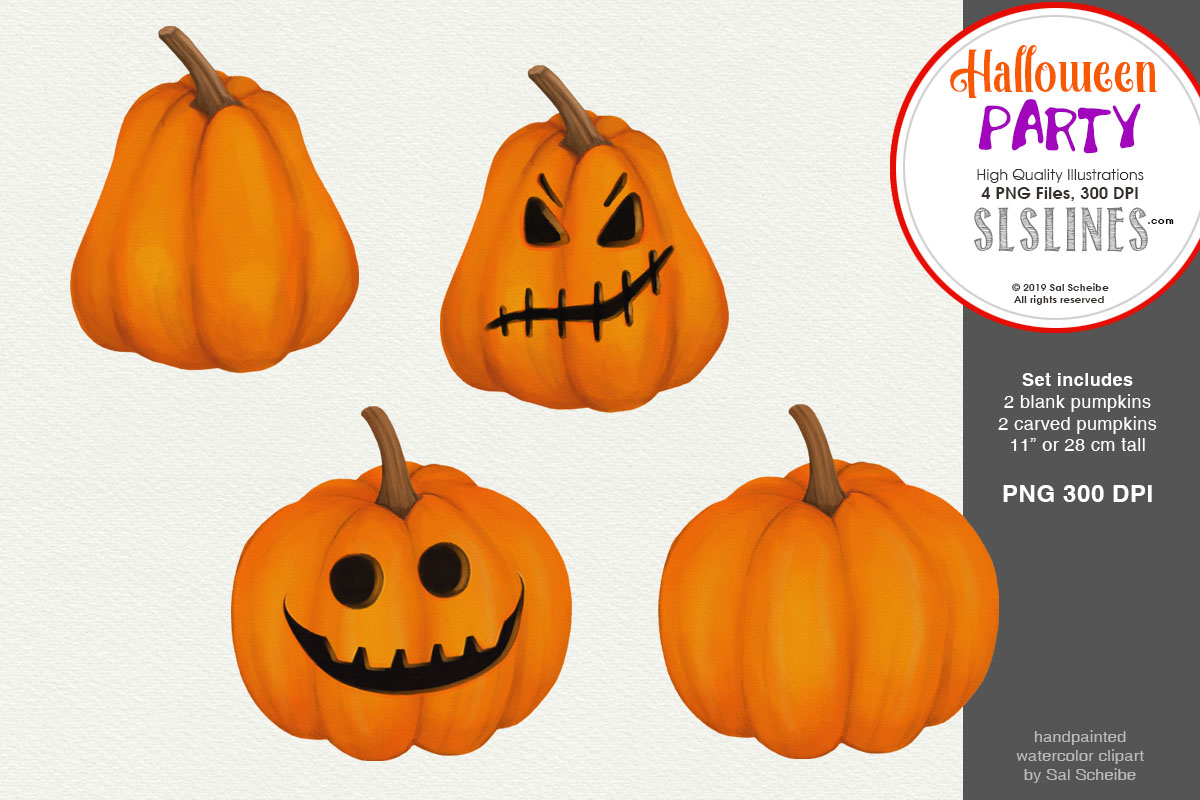 Halloween Party, 4 Watercolor Pumpkins PNG.