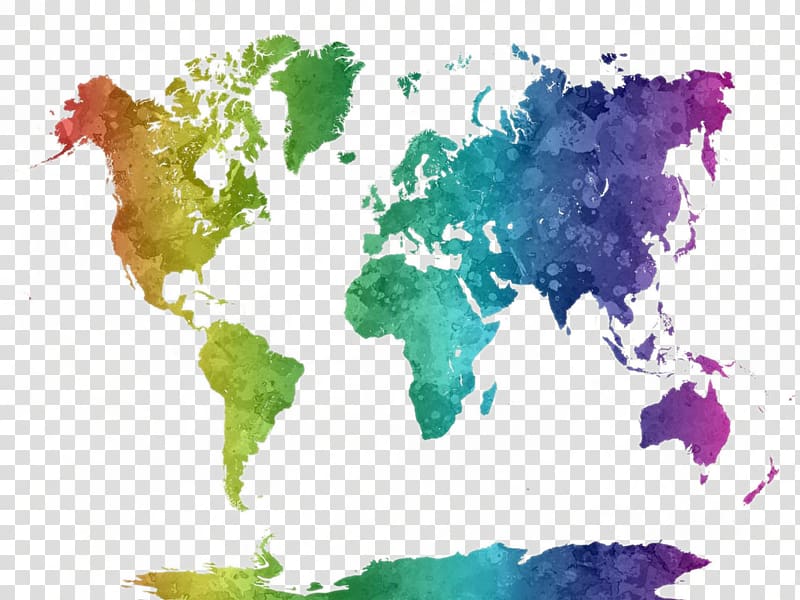 Multicolored globe map, World map Watercolor painting Poster.