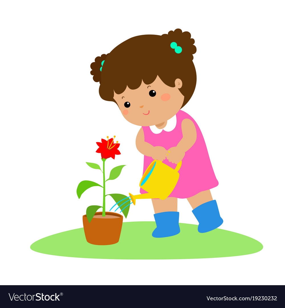 Cute cartoon girl watering plant.