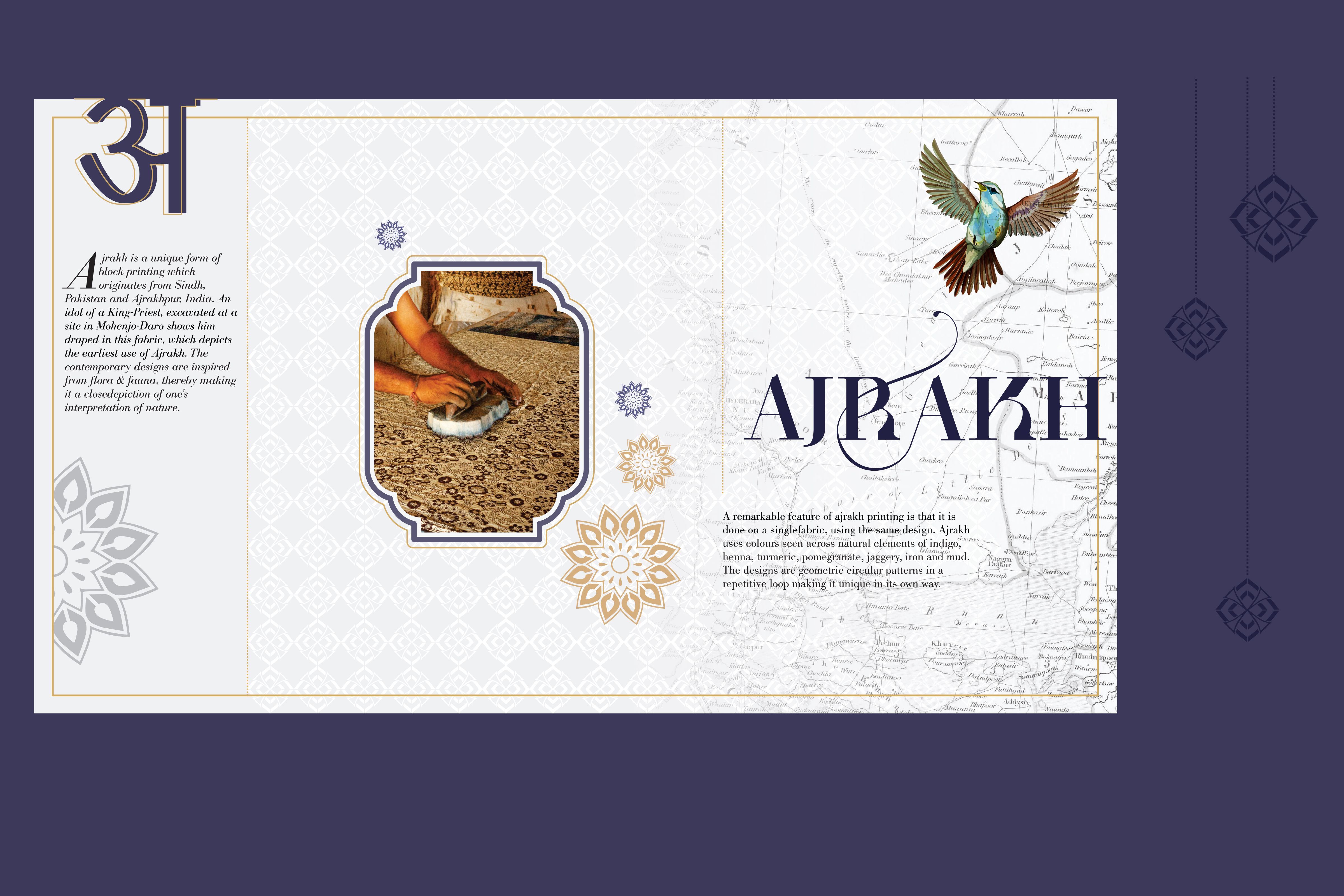 A page on Ajrakh art from the SPACES (Welspun) brochure.