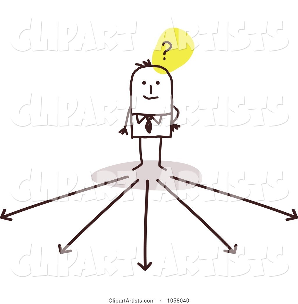 Stick Businessman Trying To Decide Which Way To Go Clipart.