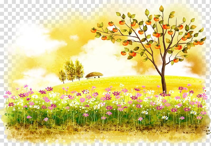 Apple tree beside flower field , Autumn Winter Illustration.