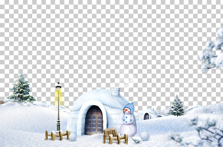 Snow Winter Icon, Igloo scene, white snowman near tree.