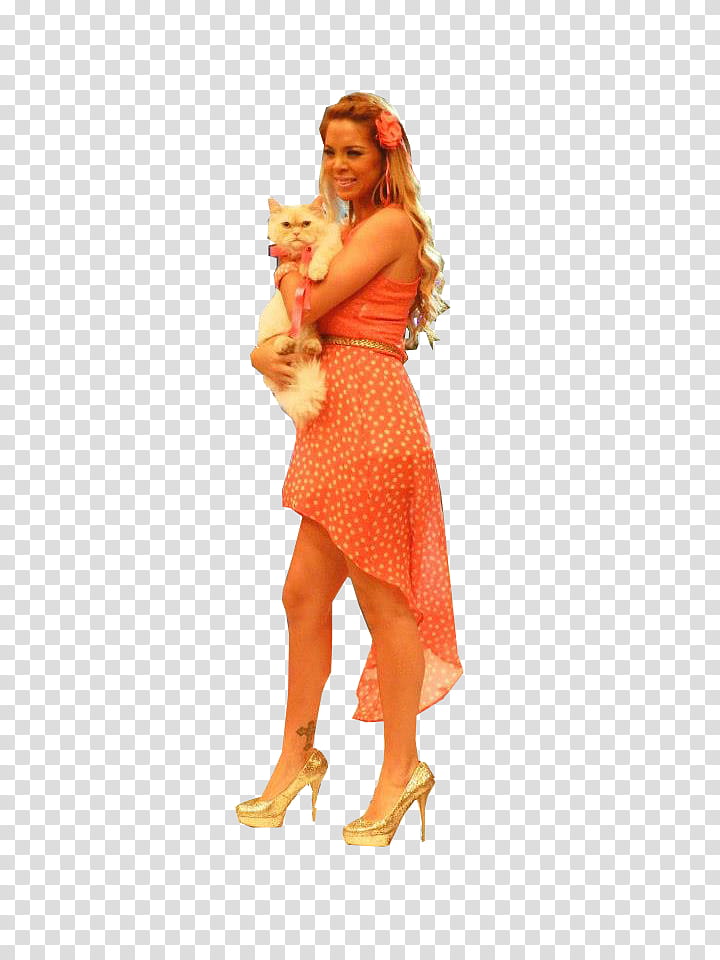 Sheyla Rojas , woman in an orange dress with white chihuahua.