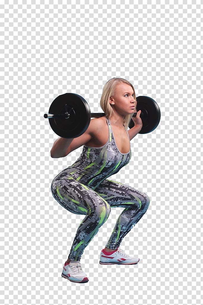 Woman weightlifting black barbell, Physical fitness.