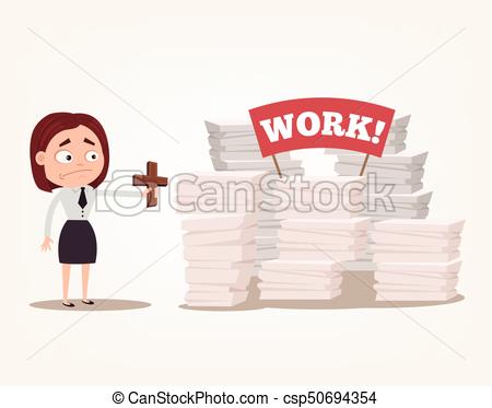 Worry angry woman office worker character has lot of work and too busy.  Vector flat cartoon illustration.