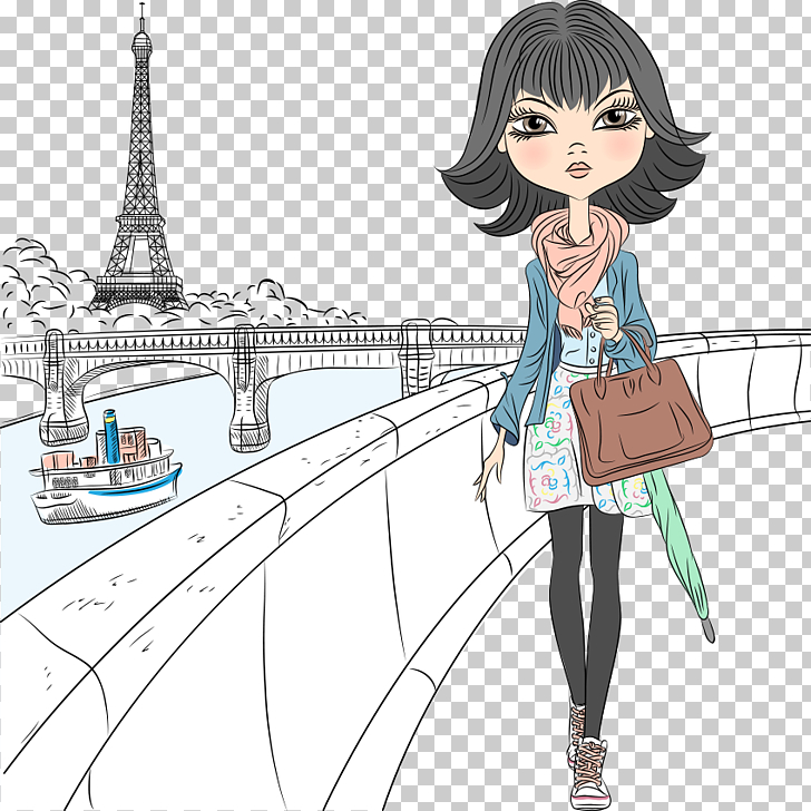 Eiffel Tower Drawing Girl , girl walking bridge, black.