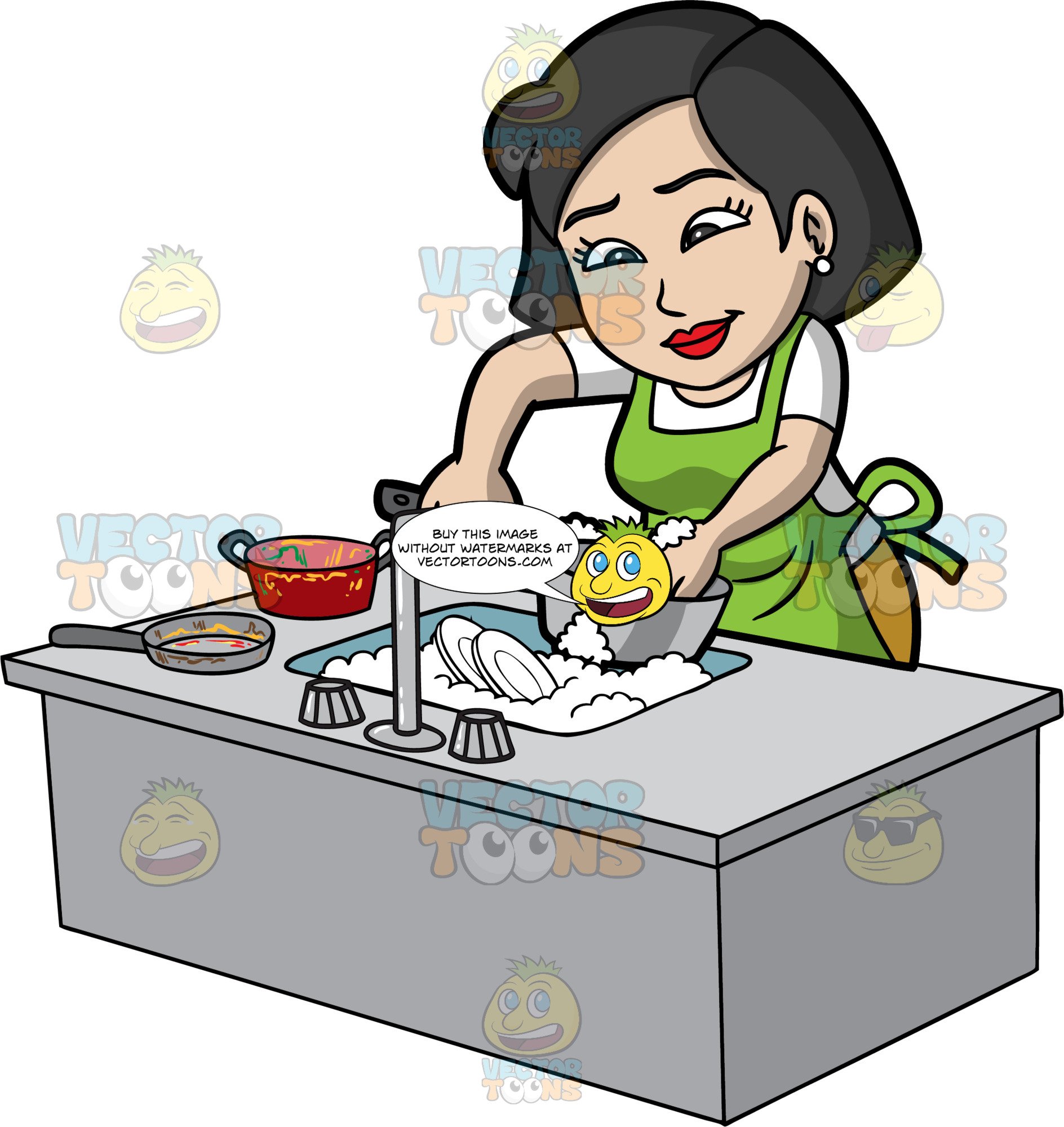 A Woman Washing Pots And Pans.