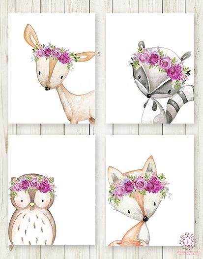 4 Deer Fox Owl Raccoon Boho Wall Art Print Purple Woodland.