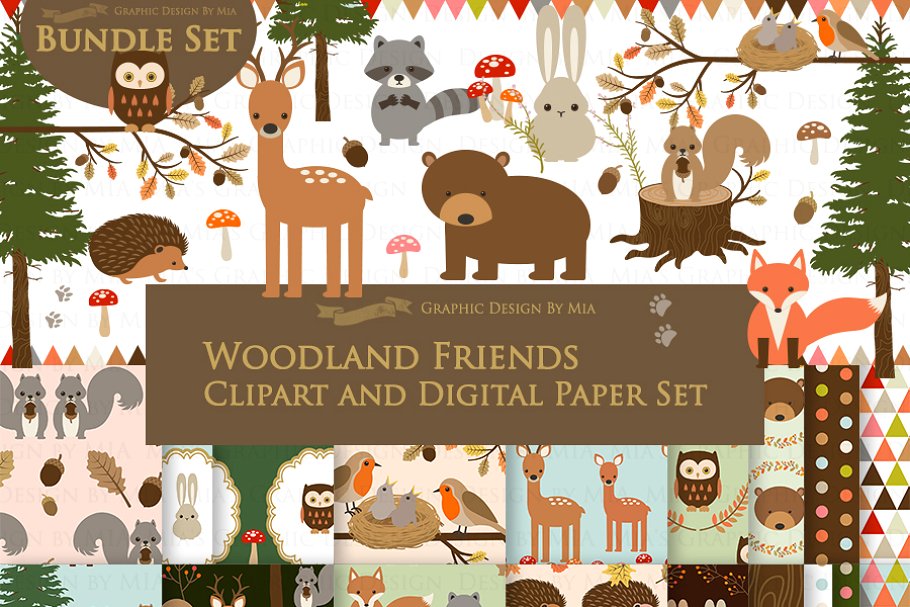 Woodland Friend Clipart+Pattern set.